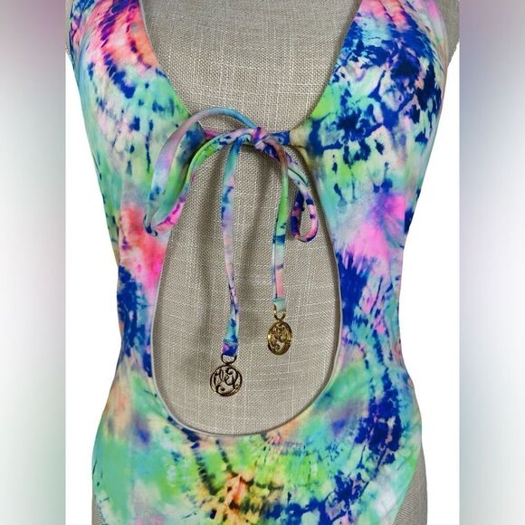Luli Fama Neon Tie Dye Celestial Dreams Tie Front High Leg One Piece Swimsuit - Picture 9 of 16
